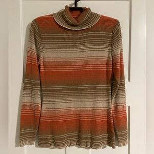 Striped Autumn Cowl Neck Sweater, sz L, Tan/Orange/Beige